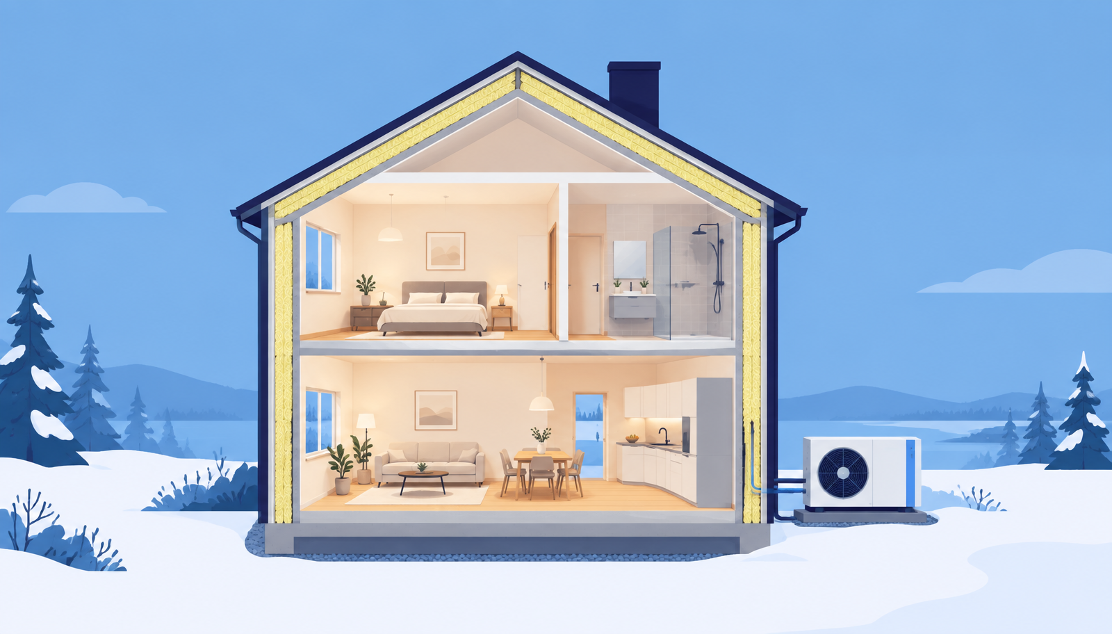 Snittillustration av ett välisolerat tvåvåningshus i vintervinterlandskap med en luft-vattenvärmepump bredvid huset